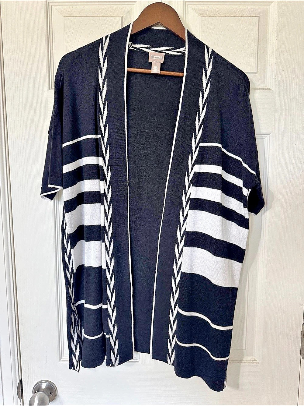 Chico's Black & White Patterned Open Front Cardigan